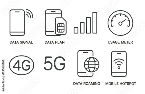 Mobile connectivity icons set: signal, data, usage, and roaming in linear style