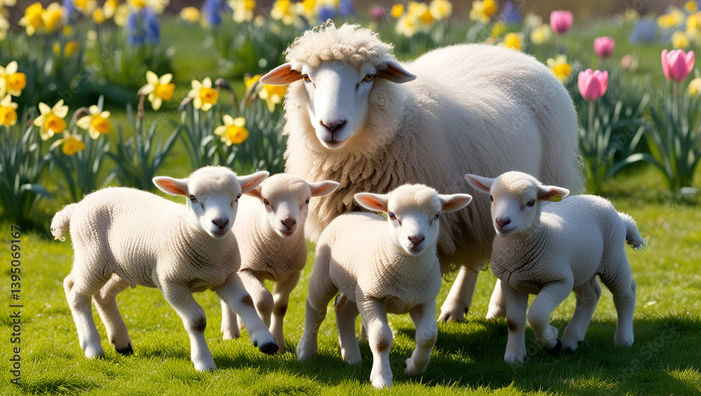 Obraz premium A ewe gently watching over her playful lambs in a bright spring field