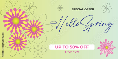 Spring sale banner with colorful flower. Spring sale background. Special offer vector background for web banners, discount, Vector illustration.