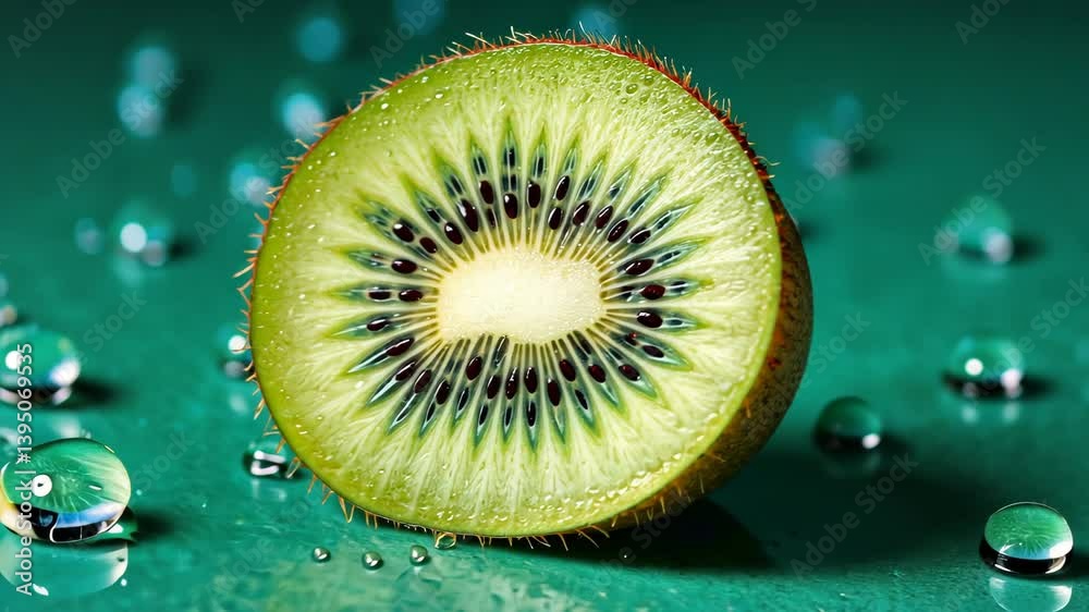 Freshly cut kiwi with water droplets resting on a vibrant turquoise surface, showcasing its unique texture and vibrant color