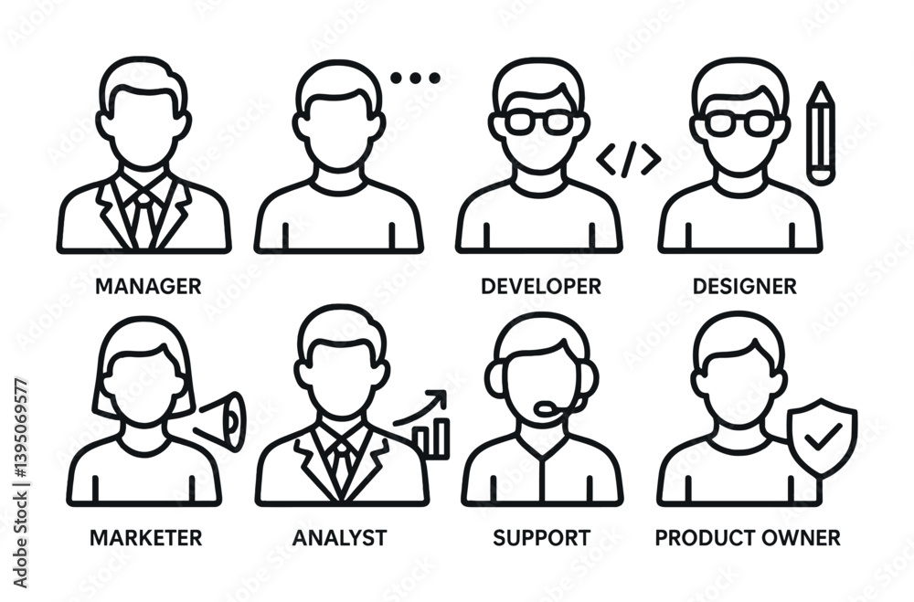 Business roles icon set: linear style for professional use in various applications Business roles icon set: linear style for professional use in various applications