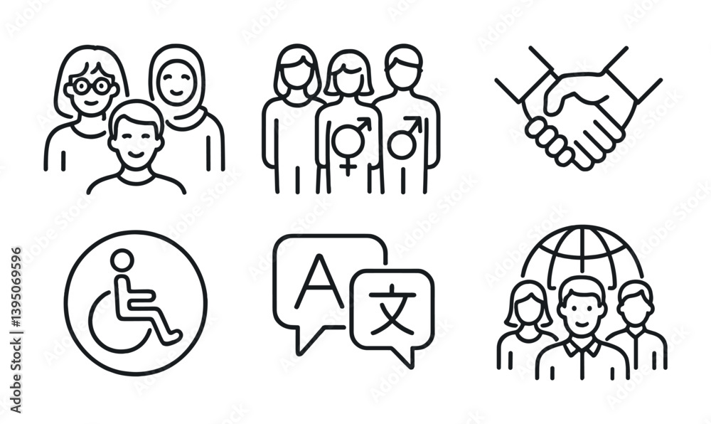 Inclusive society icons set: diversity, gender equality, accessibility, communication, global community Inclusive society icons set: diversity, gender equality, accessibility, communication, global community