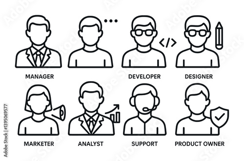 Business roles icon set: linear style for professional use in various applications