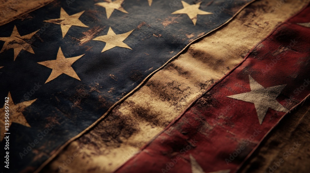 Fototapeta premium Weathered American flag close-up, historical detail