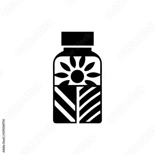 Vitamin Bottle Icon with Sun and Field Graphic Representing Nature and Energy

