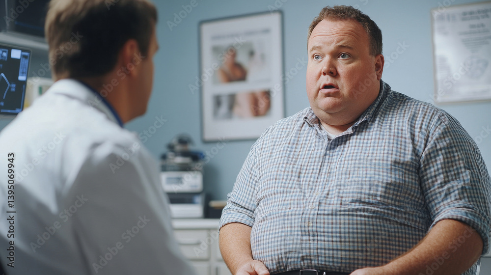 Obraz premium Very fat European obese man discusses health concerns with doctor in medical office during a consultation, with informational posters in the background. Fight against obesity. With copy space