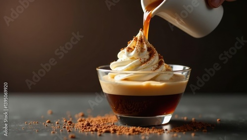 Espresso shot poured over gelato in glass bowl, espresso, pour