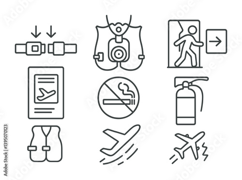 Aviation safety linear icon set: travel, instruction, and emergency symbols