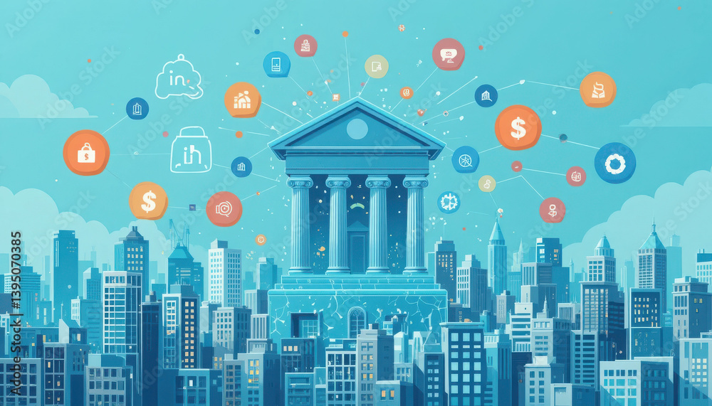 Fototapeta premium A vibrant illustration of a bank among a cityscape, with digital symbols representing finance and connectivity surrounding it.