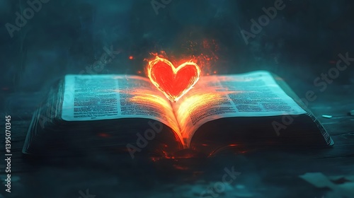Burning Heart of Faith: A fiery heart emerges from an open bible, symbolizing divine love and spiritual passion.