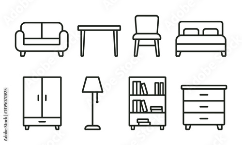 Minimalist linear furniture icons set: sofa, table, chair, bed, wardrobe, lamp, bookshelf, drawer