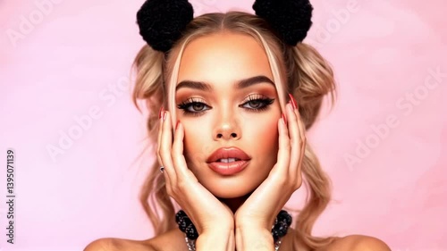 Attractive young woman with playful expression and cat-ear hair accessories against a soft pink background.