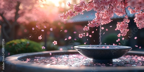 Serene Cherry Blossom Reflection with Falling Petals in Garden