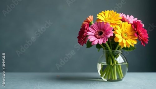 Wallpaper Mural Glass vase filled with colorful flowers on a grey table, decorative, still life Torontodigital.ca