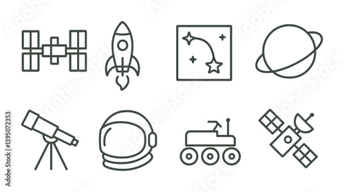 Space exploration icons set: linear style featuring rockets, satellites, and more