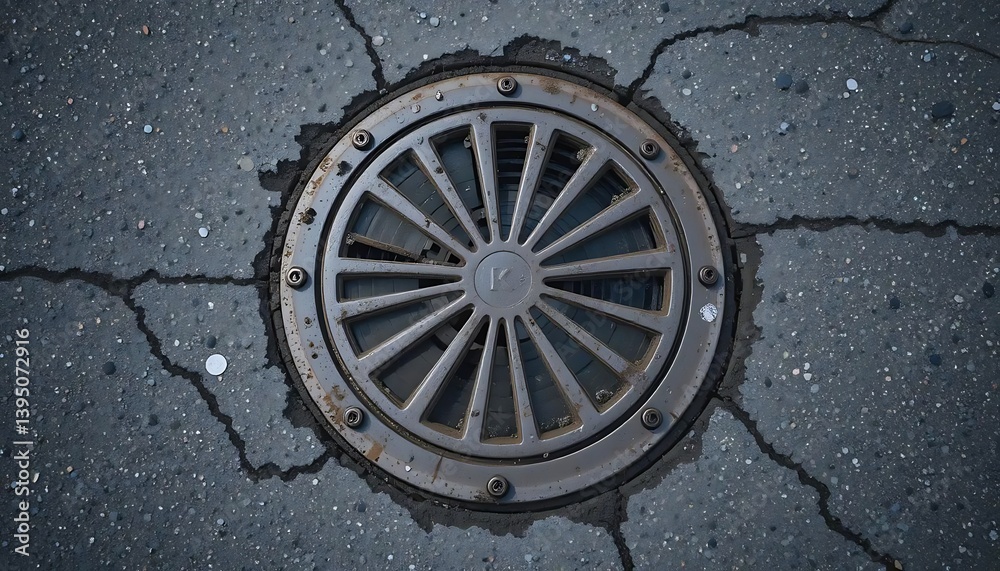 Manhole Cover on Cracked Asphalt Road Surface Close-up View Manhole Cover on Cracked Asphalt Road Surface Close-up View