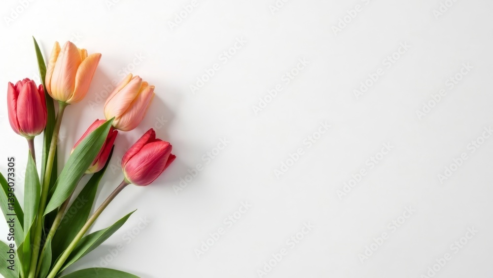 Fototapeta premium A delicate arrangement of vibrant red and soft peach tulips against a pristine white background, creating a serene and elegant floral composition perfect for a spring greeting.