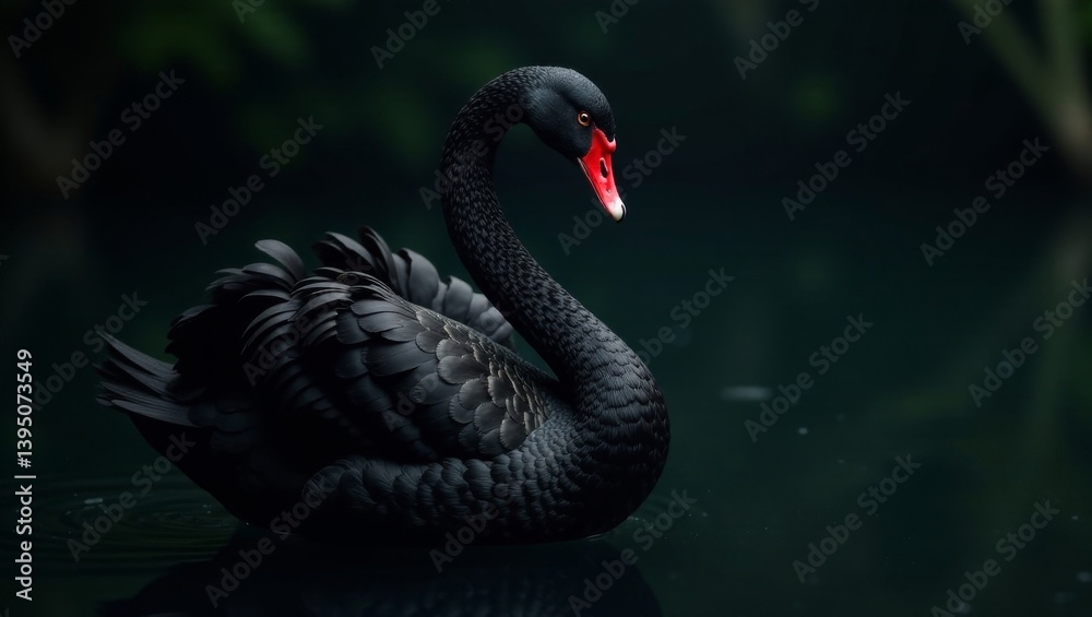 Fototapeta premium Elegant Black Swan Gracefully Gliding on Dark Water, a Symbol of Mystery and Beauty