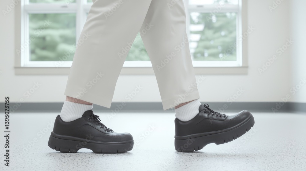 Person walking in light beige pants and black shoes Person walking in light beige pants and black shoes