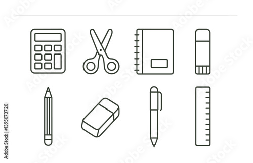Essential stationery icons set depicting office and school supplies in linear style