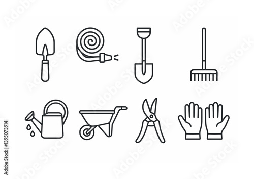 Essential gardening tools icon set in linear style for home and professional use