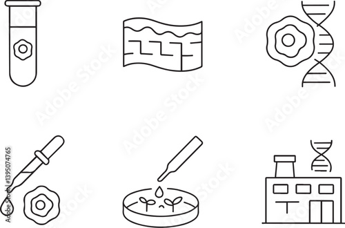 Biotechnology icons: test tube, dna, cells, pipette, petri dish, laboratory