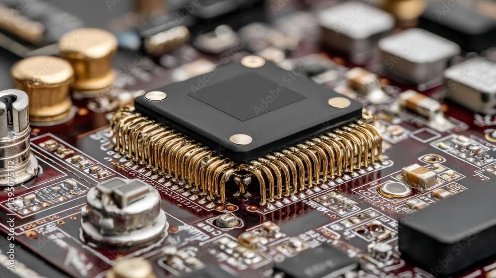 Close up view of a black microchip with gold pins on a red circuit board.