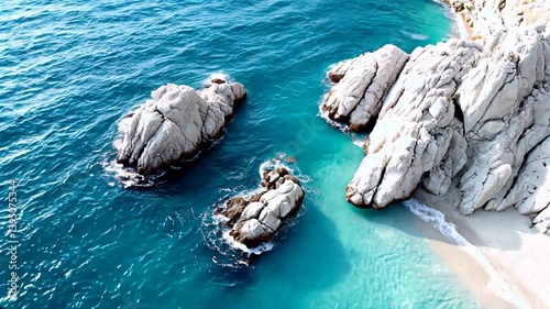 Aerial view of a secluded rocky beach with turquoise water and white sand.