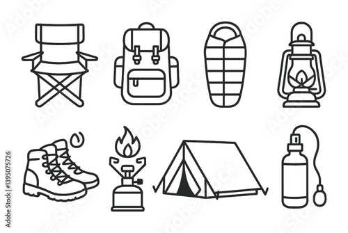 Camping essentials icon set: linear style with outdoor gear graphics
