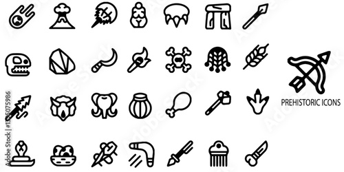 Prehistoric simple concept 28 icons set. Contain such dolmen, dinosaur, skull, mammoth and more .Vector illustration.