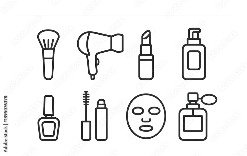 Beauty and cosmetic tools icon set - linear style for skincare and makeup design