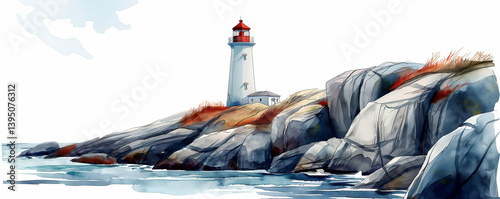 Illustration of Peggy’s Cove lighthouse in a serene watercolor scene of the Atlantic coast