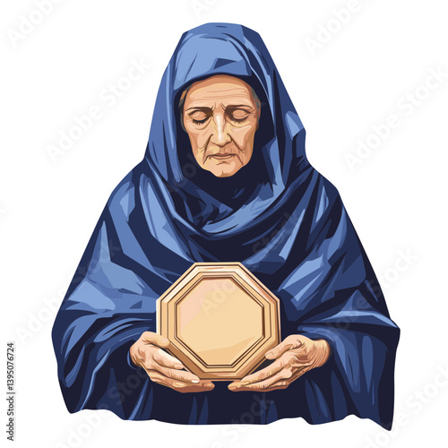 Elderly Woman in Blue Robe Holding Octagonal Object