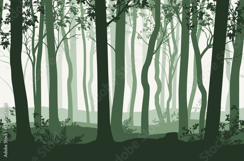 Vector beautiful green forest landscape with tree trunks and leaves and ferns in seamless pattern