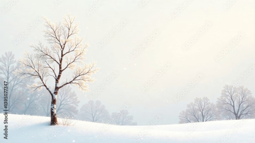 Obraz premium Serene Winter Landscape A Solitary Snow-Covered Tree Stands in a Quiet, Snowy Field, Bathed in Soft Sunlight, Amidst a Hazy, Peaceful Woodland