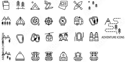 Adventure icons simple concept 28 icons set. Containing hike, campfire, snorkeling, climbing, travel and canoeing icons. Vector illustration.	