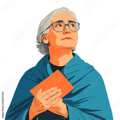 Portrait of an Elderly Woman with Gray Hair Wearing Glasses and Teal Shawl Holding Orange Envelope
