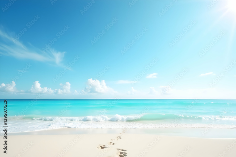 Fototapeta premium Footprints in the sand on a pristine beach capture a sense of serene isolation and tranquil solitude, inviting contemplation and peaceful reflection