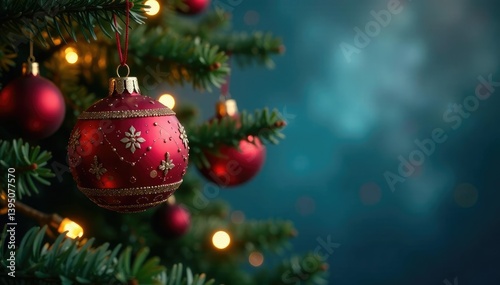 Ornaments in shimmering hues drape across branches, festive lights, decoration, holiday