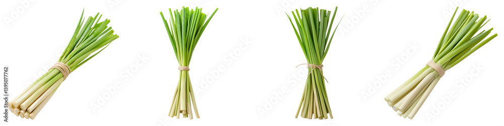 Obraz premium Freshly harvested lemongrass bundles, vibrant green and aromatic, perfect for culinary use and enhancing flavors