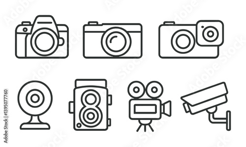 Linear camera and photography icon set - classic devices and equipment
