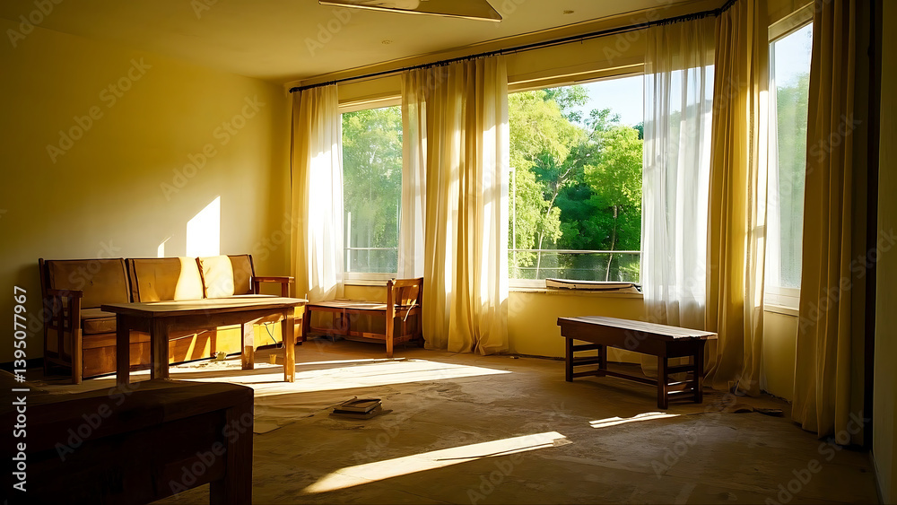 Fototapeta premium Sunlit Room with Wooden Furniture