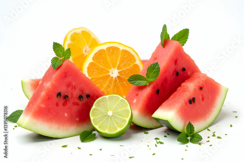 Fresh summer fruits assortment, vibrant watermelon slices, juicy orange and lemon segments, complemented by a refreshing lime and mint sprigs, creating a delightful composition