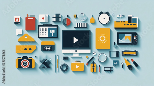 Flat lay design of multimedia equipment and tools for creative projects and digital marketing content creation