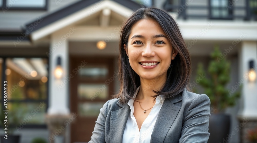 A confident female real estate agent stands proudly outside a modern home, exuding expertise and friendliness, ready to assist prospective home buyers. A confident female real estate agent stands proudly outside a modern home, exuding expertise and friendliness, ready to assist prospective home buyers.