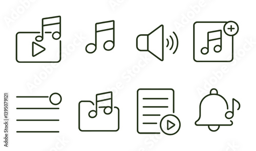 Music app linear icon set: playlists, notifications, audio controls