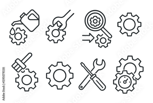 Maintenance and repair gear icons set: linear style tool and settings symbols collection