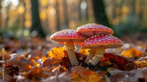 A cluster of vibrant red and white Amanita muscaria mushrooms growing on a forest floor covered in fallen leaves, dappled sunlight. 