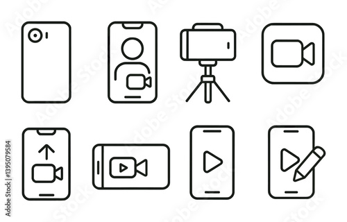Linear video conferencing icon set: devices, tripod, and play symbols for digital communication