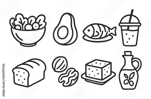 Healthy food icons set - linear style: salad, avocado, fish, smoothie, bread, nuts, cheese, olive oil